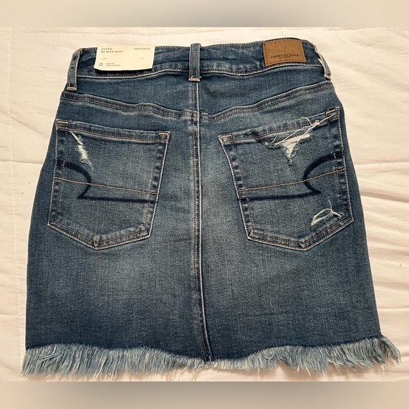 American Eagle Super Hi-Rise Mini Jean Skirt Stretch Embroidered Distressed SZ 0 - Picture 4 of 13